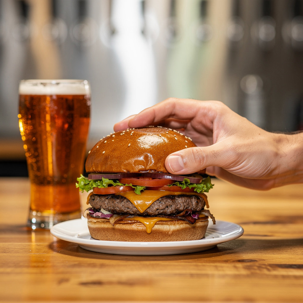 The Burger Joint and Brew San Diego showcasing a juicy gourmet burger and a glass of local craft beer